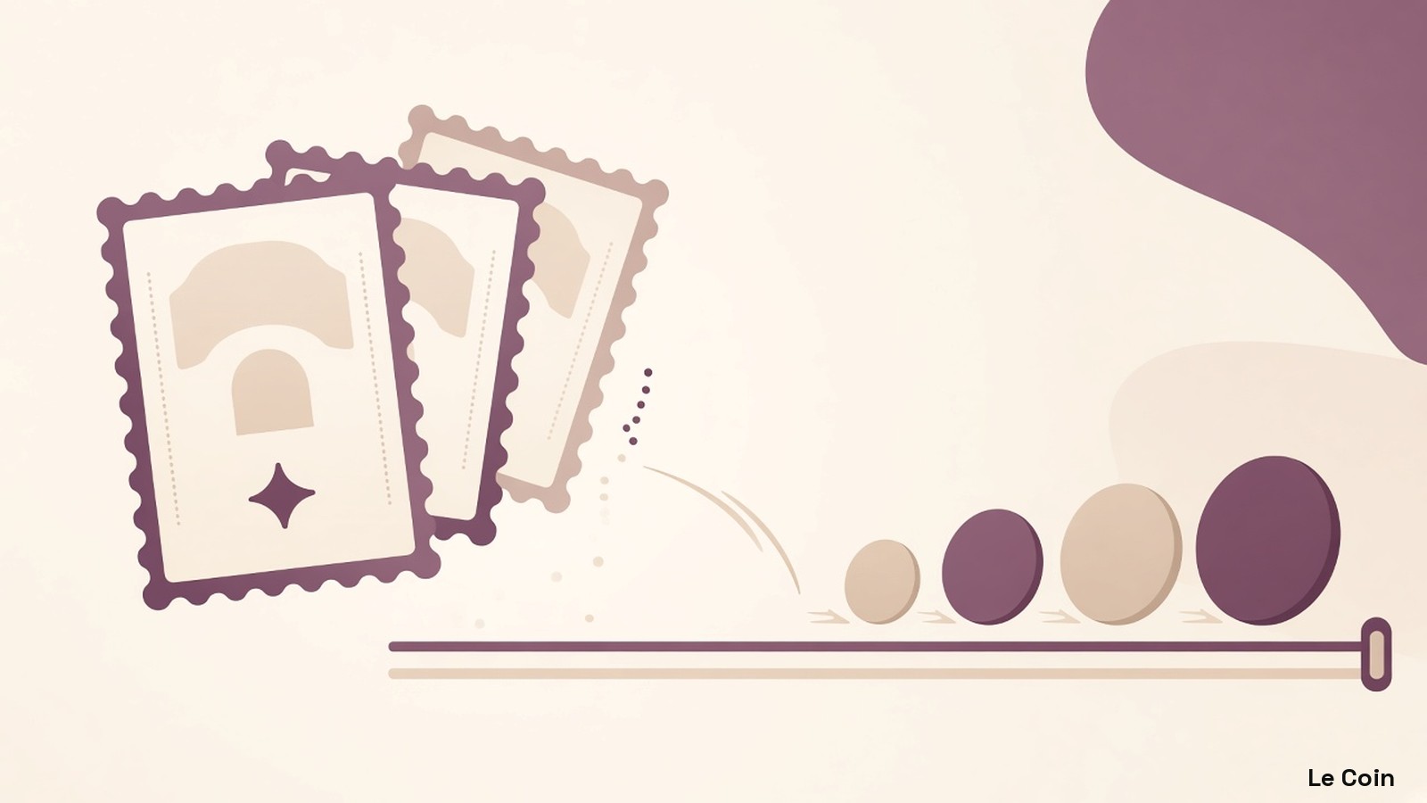 Flat illustration of scalloped paper share certificates on the left giving way to a row of rounded tokens rolling along a thin settlement rail, in muted plum, oat and ivory.