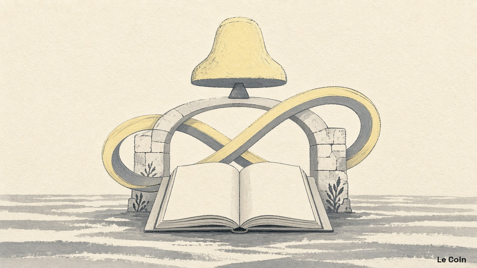 Editorial gouache illustration of a rounded exchange bell above an open blank ledger, with a perpetual loop ribbon passing through a stone harbor gate over calm water stripes, in pale butter yellow, slate grey and ivory.