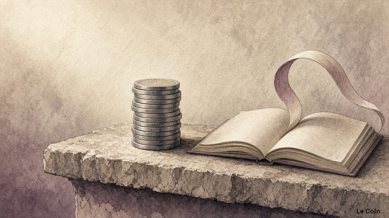 Editorial ink-and-wash illustration of a tall stack of plain coins on a stone ledge beside an open blank ledger, with a paper ribbon curling upward, in muted plum, oat and charcoal on parchment.
