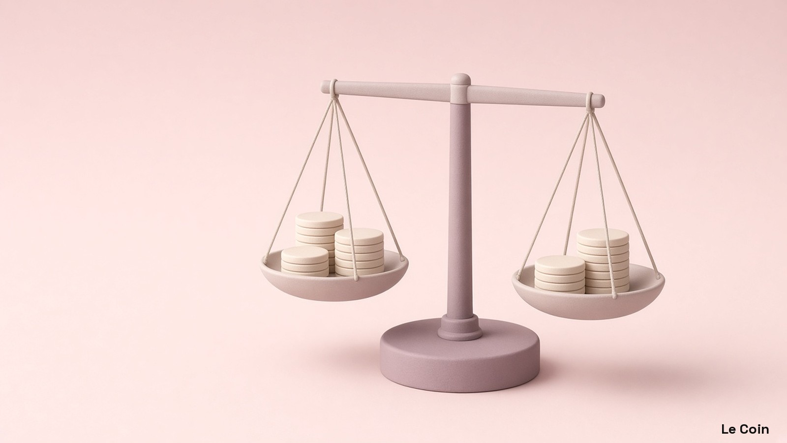 Pastel 3D illustration of a soft mauve balance scale standing level, with neat stacks of blank cream discs resting evenly in both linen-coloured pans, on a plain pale pink ground.
