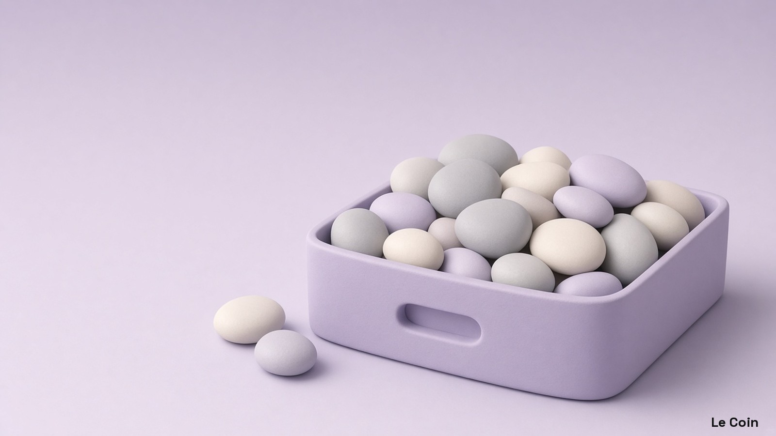 Soft pastel 3D illustration of a lavender tray filled with smooth grey, ivory and lavender pebbles, with two loose pebbles resting beside it on a lavender surface.