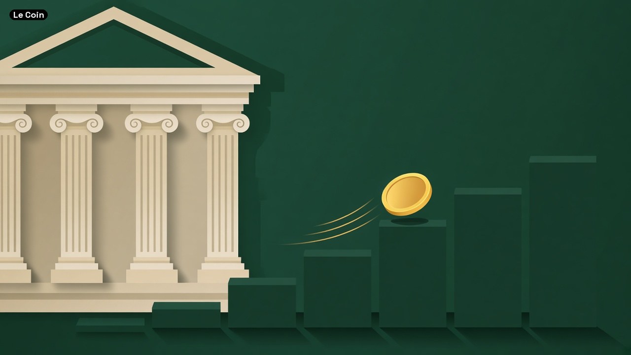 A white classical columned facade on a green background beside rising green bars, with a gold coin bouncing up the bars.