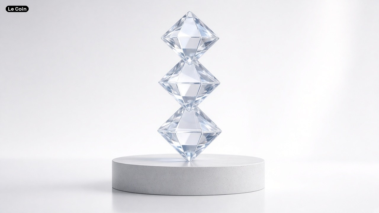 A stack of clear faceted crystals on a white pedestal against a pale background.