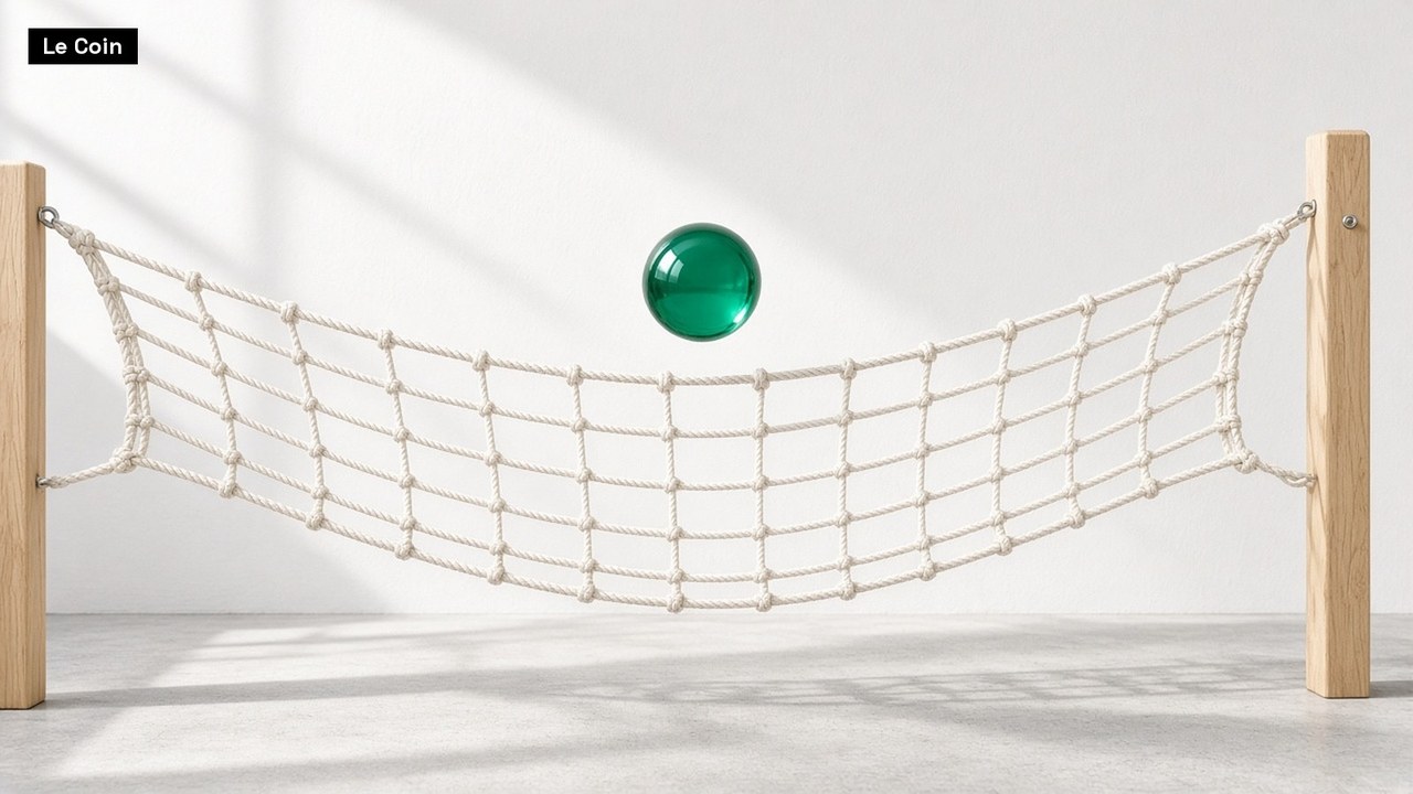 A green glass ball hangs just above a slack rope net strung between two wooden posts in a bright, sunlit white room.