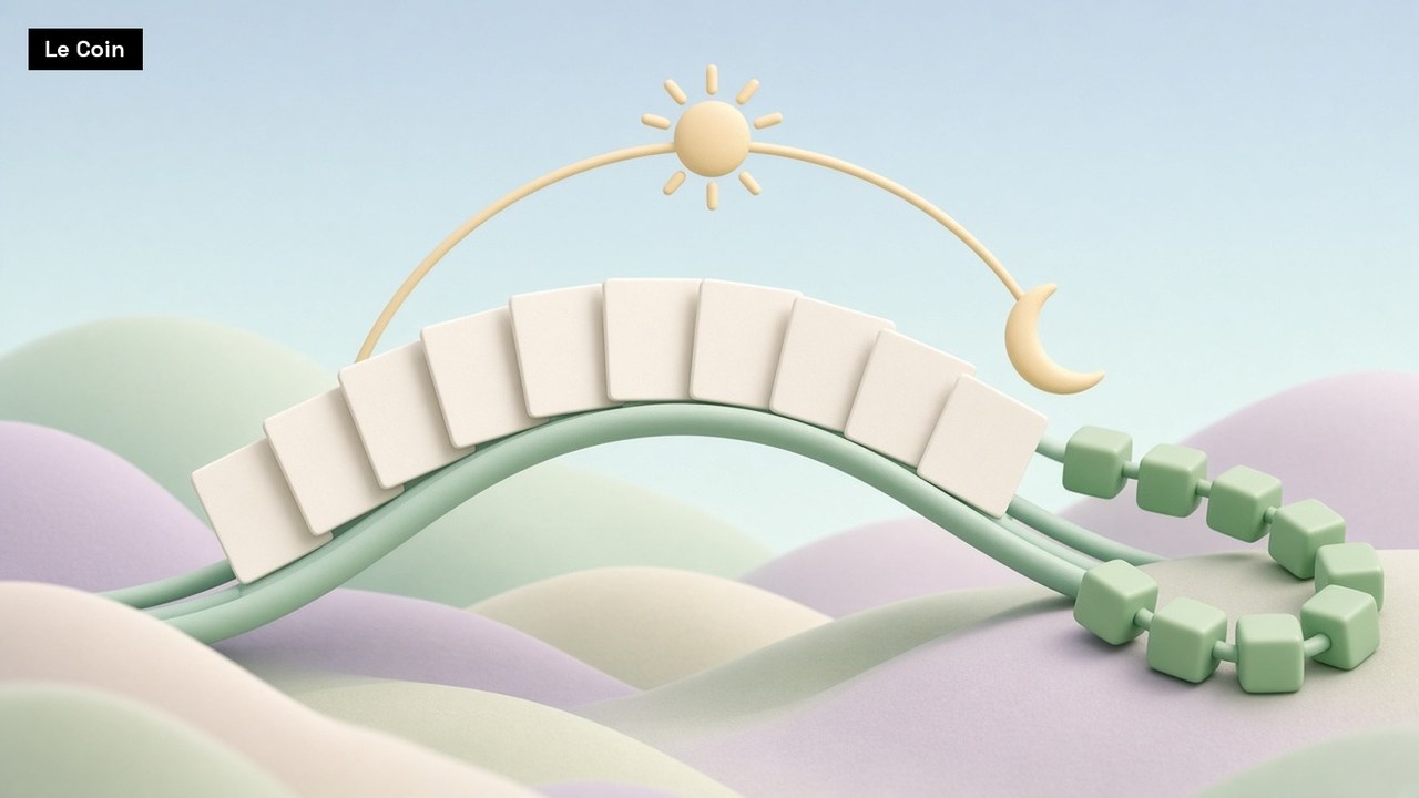 Blank cream certificates ride a looping green track over pastel hills, under a sun-to-moon arc, beside a chain of green cubes.