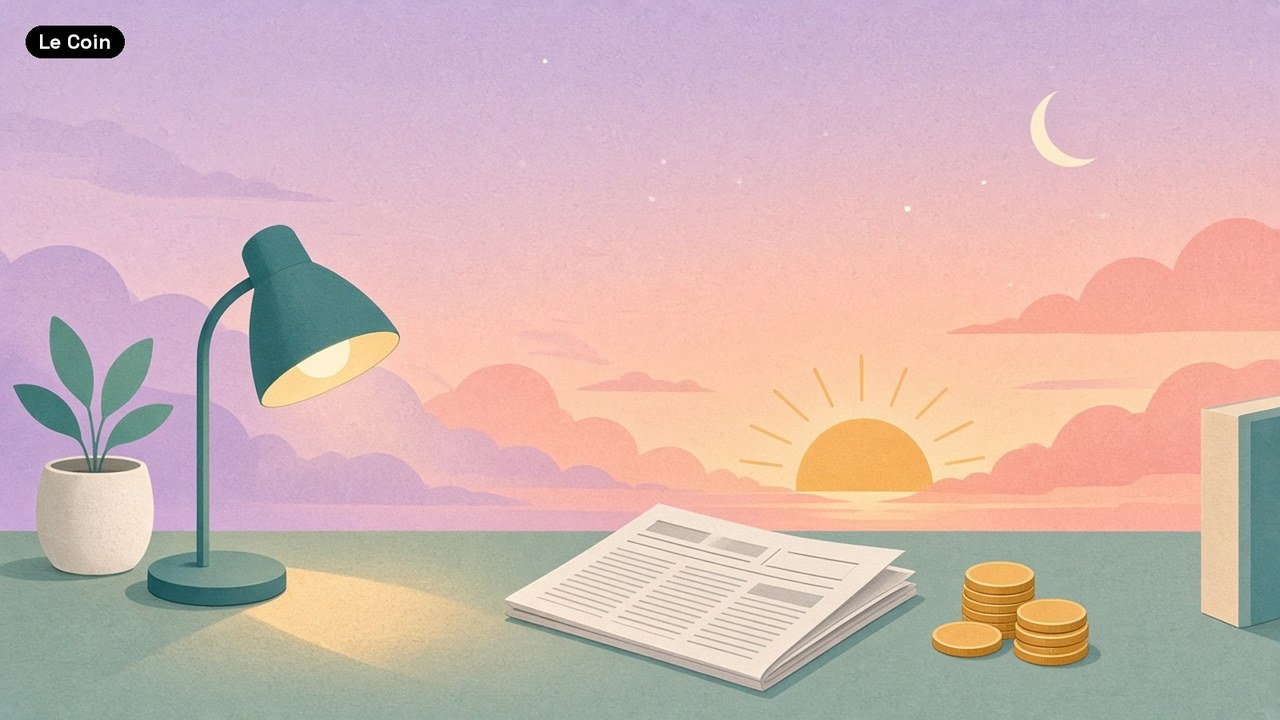 Flat illustration of a desk at dusk: a teal desk lamp, a potted plant, an open newspaper, two stacks of gold coins and a closed book, under a lilac sky with a crescent moon and the sun setting behind clouds.