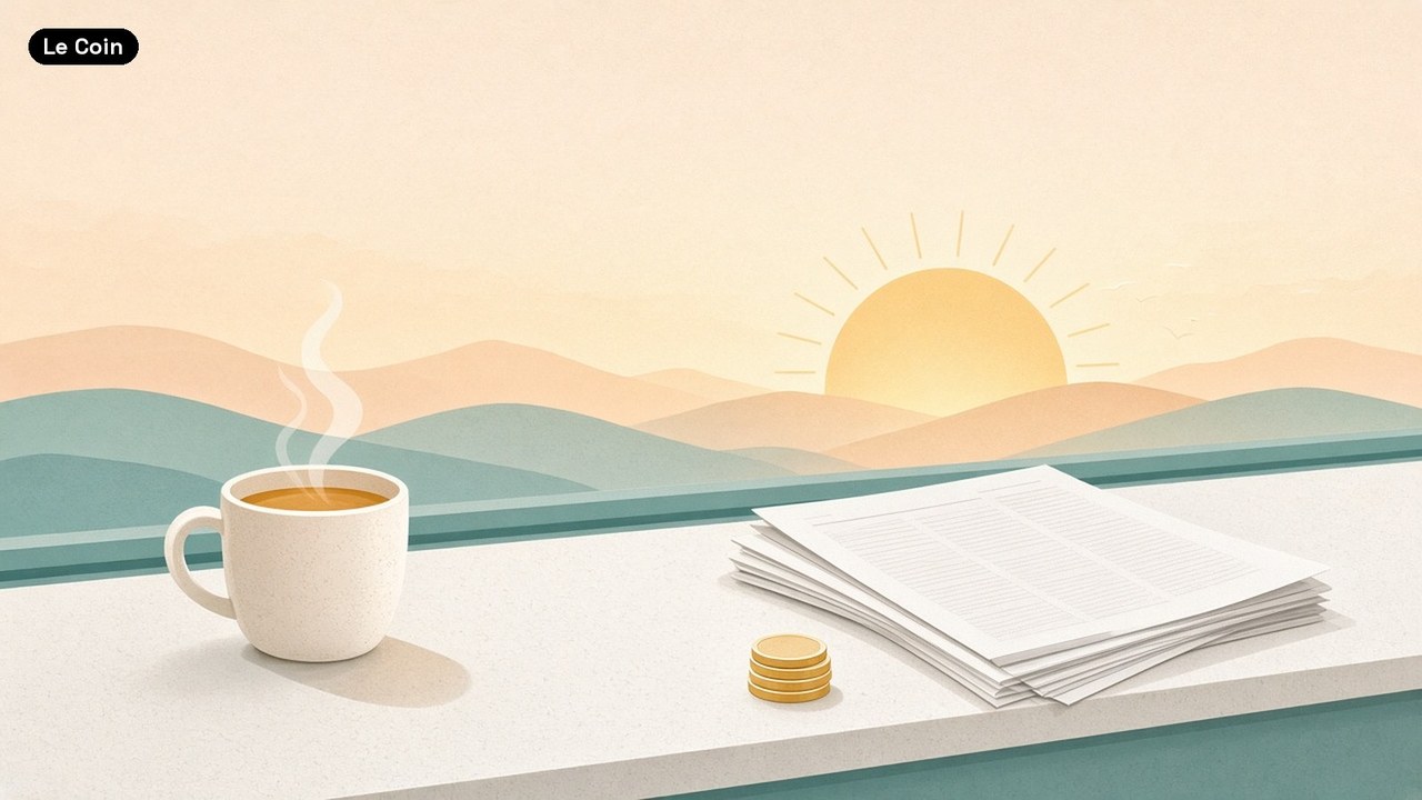 Flat illustration of a white desk at sunrise: a steaming cup of coffee, a stack of papers and a few gold coins, with the sun rising over soft green hills.