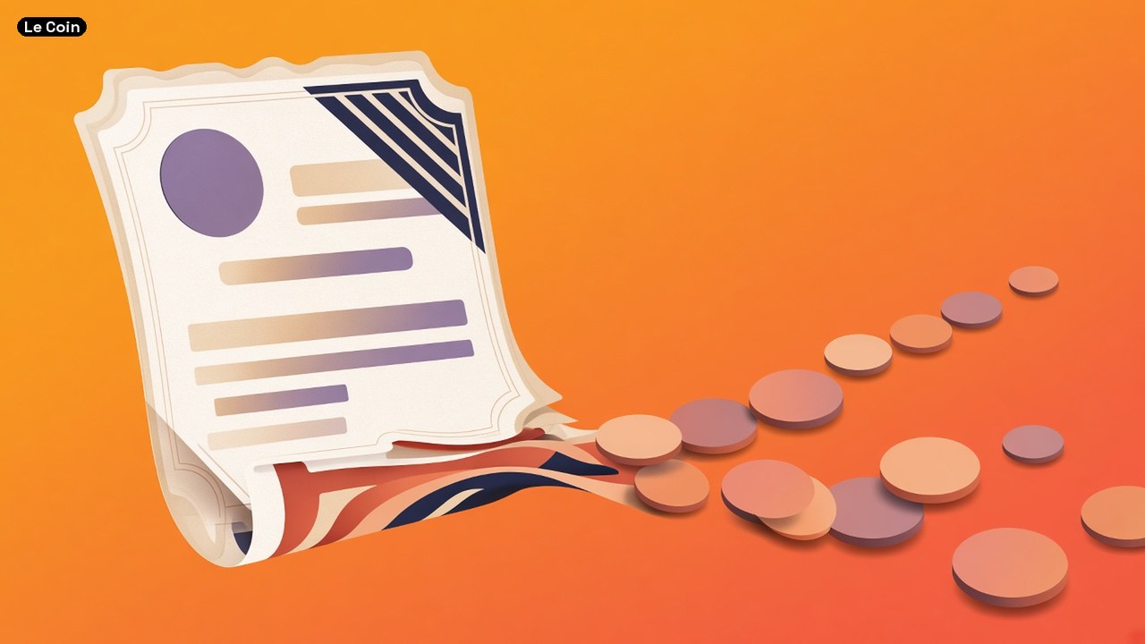 An ornate share certificate on an orange background with a trail of copper coins.