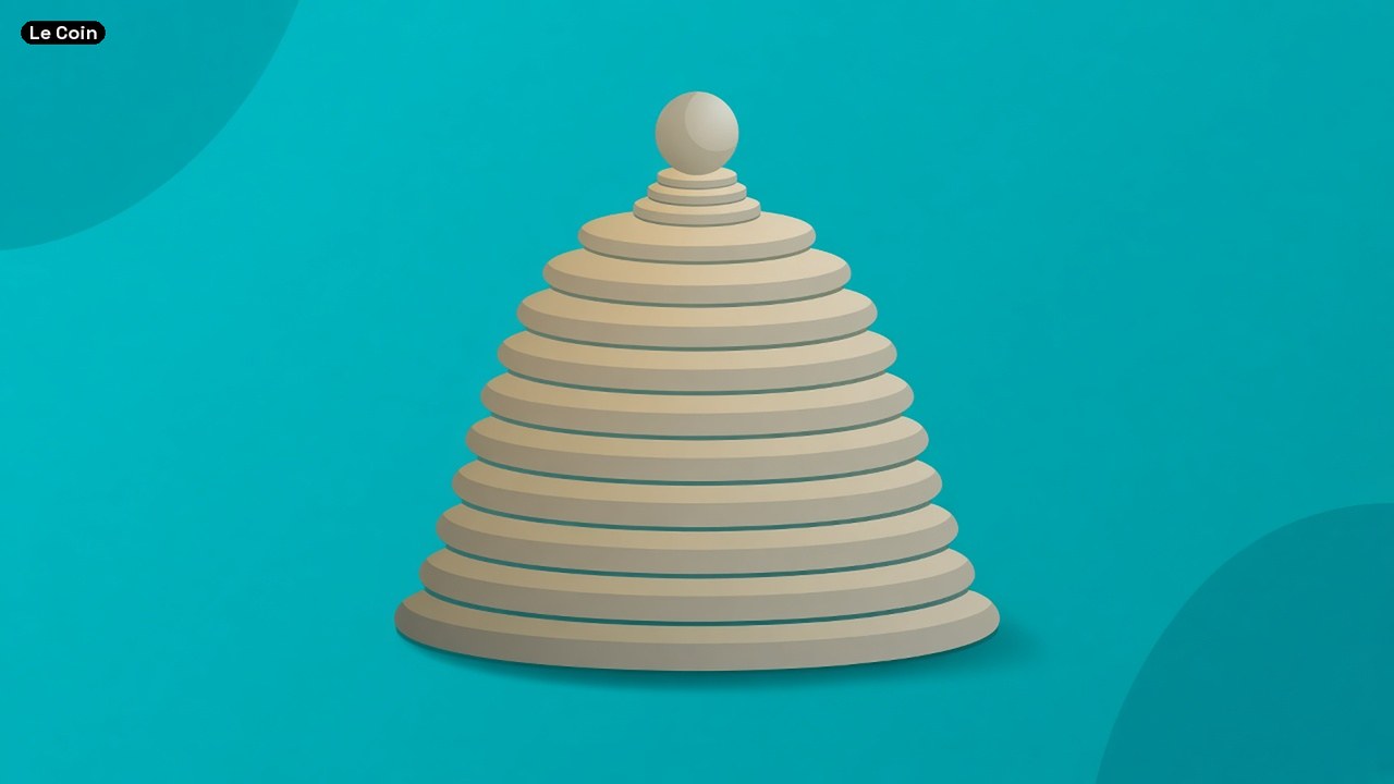 A stacked cream-coloured cone shape, like a skep, on a teal background.