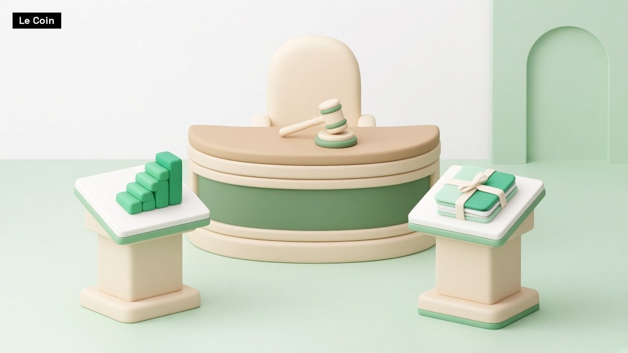 Pastel 3D courtroom: an empty judge's bench with a gavel faces two lecterns, one holding a staircase of green blocks and the other a ribbon-tied bundle of folders.