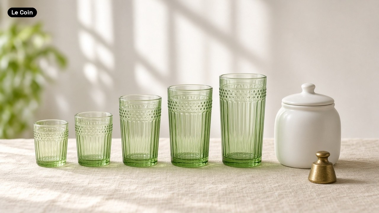 A row of green glass tumblers rising in height beside a white ceramic jar and a small brass weight, on a linen table in morning light.