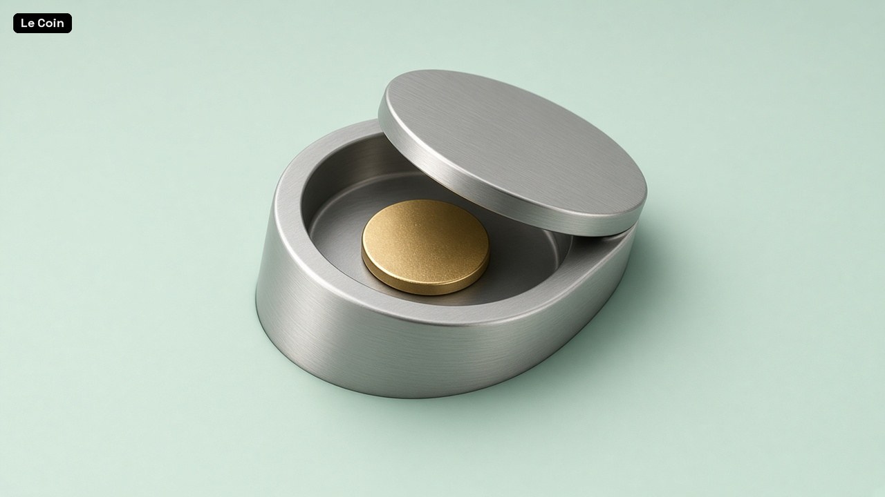 A small brushed-steel vault capsule closing over a single gold coin on a mint-green surface.