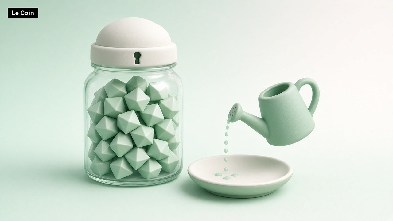 Pastel 3D illustration: a sealed glass jar packed with mint-green gems sits beside a small watering can letting only a few drops fall into a shallow dish, suggesting more locked up and a thinner reward.