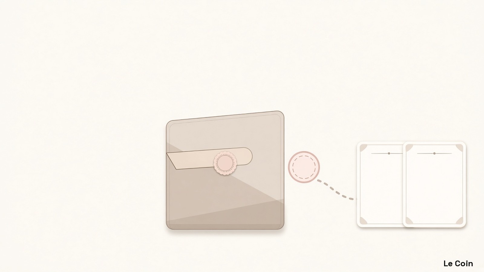 Flat geometric sealed rate folder with a plain stamp beside twin blank certificate cards joined by a soft dashed path, in warm grey, soft clay and ivory.