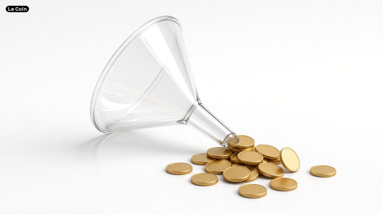 A clear glass funnel on a white surface with gold coins spilling out of its spout.