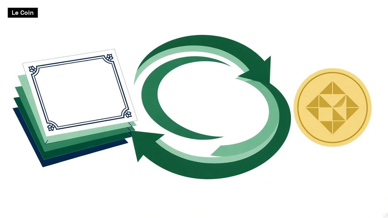 A stack of blank share certificates and a plain gold coin linked by a looping green arrow.
