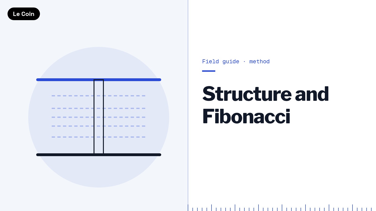 Field guide card titled Structure and Fibonacci, showing a cobalt ceiling line and an ink floor line with dashed lines between them at illustrative ratios, not price levels.