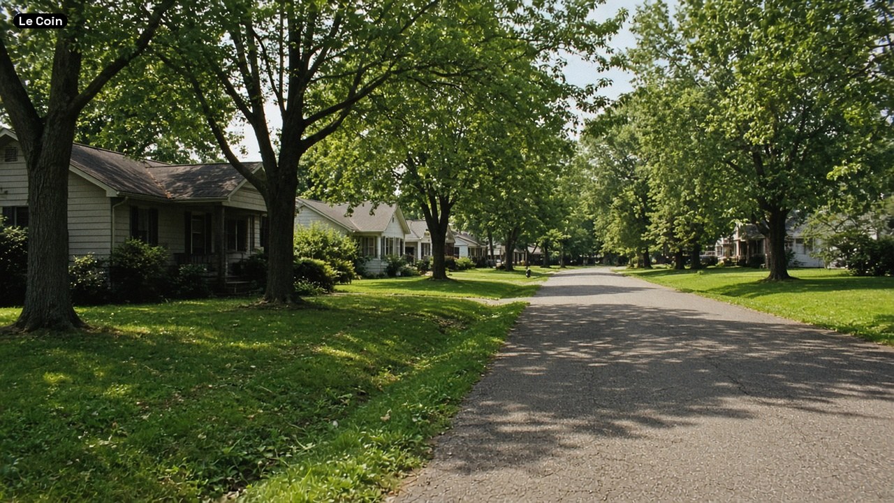 A quiet tree-lined suburban road with houses and lawns in summer daylight.
