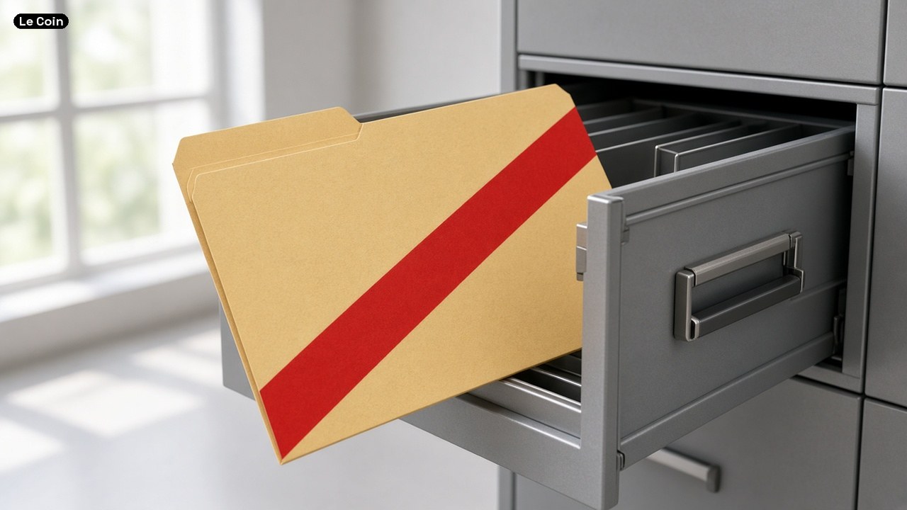 A manila file folder with a red stripe being pulled from a grey metal filing cabinet.