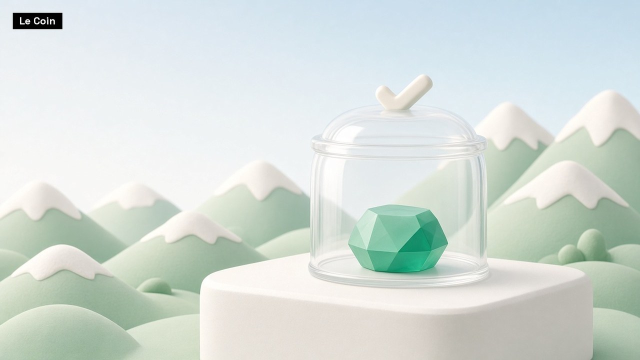 A faceted green gem sits under a glass dome topped with a white check-mark handle, on a white pedestal in front of soft pastel-green hills with snowy peaks.