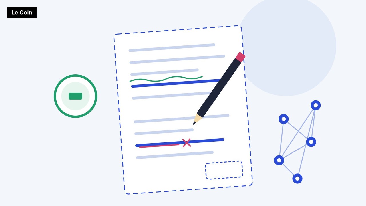 Abstract flat illustration of a tilted rulebook page with a pen, a struck-through line and a network of linked tokens, with the Le Coin wordmark.