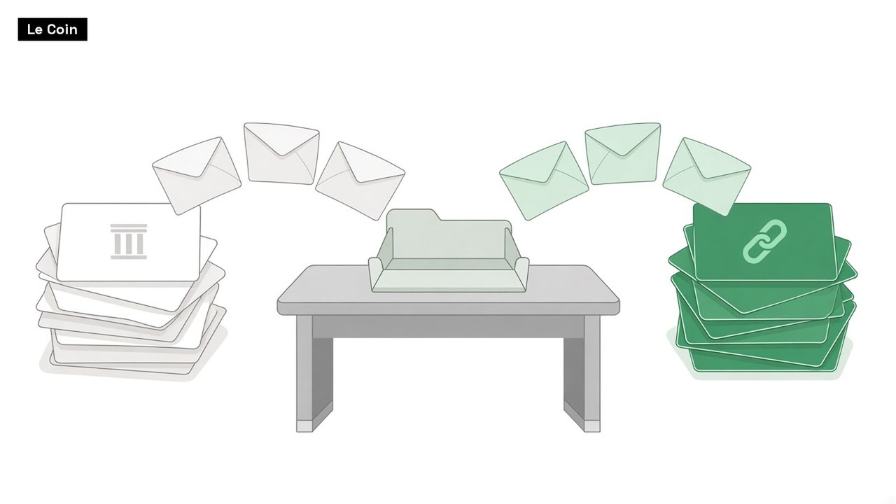 Flat illustration: envelopes arc from a stack of white cards marked with a bank-column icon and from a stack of green cards marked with a chain-link icon into an open tray on a grey desk.