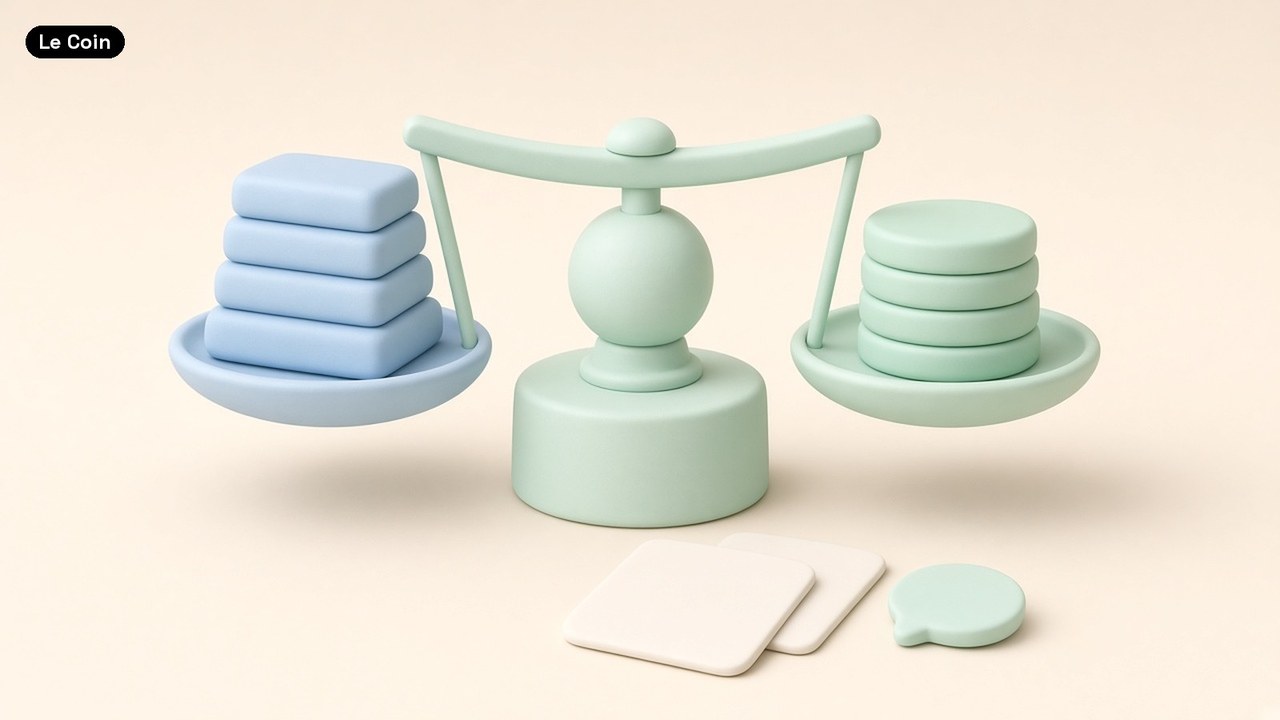 A soft pastel balance scale holding a stack of pale blue blocks on one side and a stack of mint-green discs on the other, with two blank cards and a small speech-bubble shape in front.