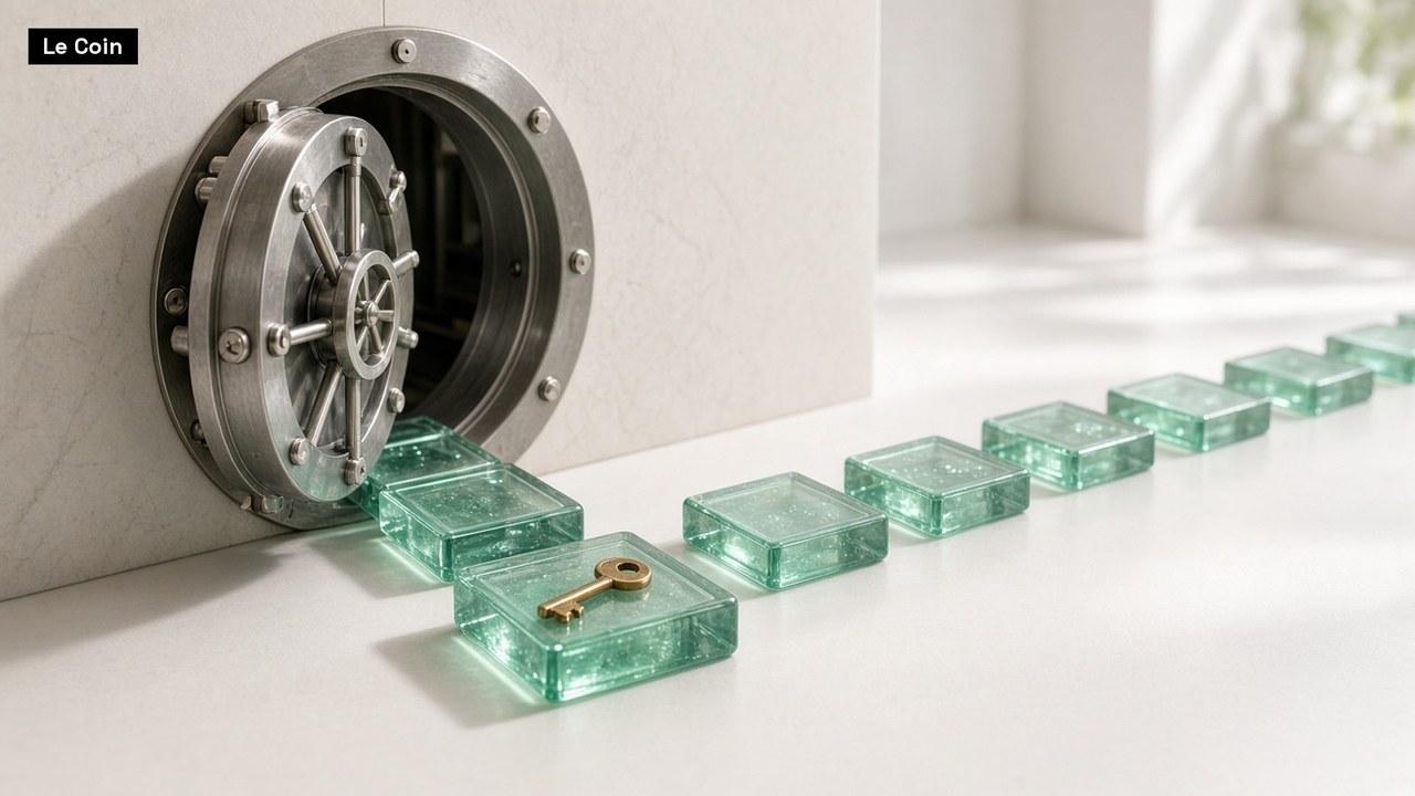 A steel bank vault door stands open, and a row of green glass tiles leads out from it across a bright floor, with a brass key on a tile in the foreground.