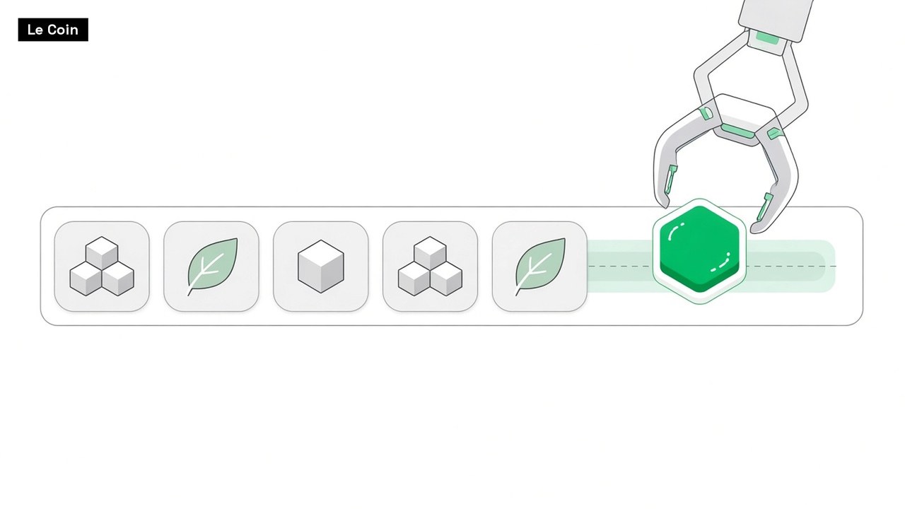 Flat illustration: a robotic claw lowers a glossy green hexagon into the last open slot of a long tray, past grey tiles showing cube and leaf icons.