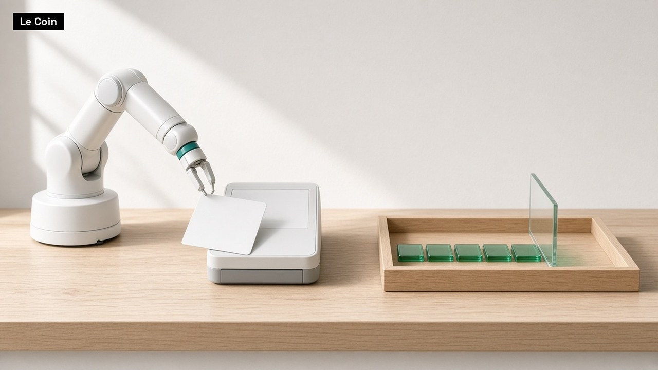 A white robotic arm holds a blank card above a small white payment terminal on a wooden desk, beside a tray of green tiles stopped by a clear glass divider.
