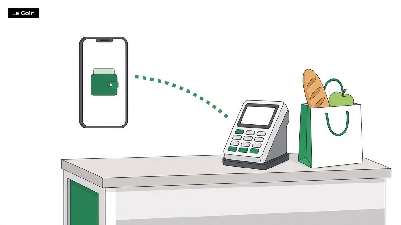 Flat illustration of a shop counter: a dotted green line runs from a wallet icon on a phone screen to a plain card payment terminal beside a grocery bag.
