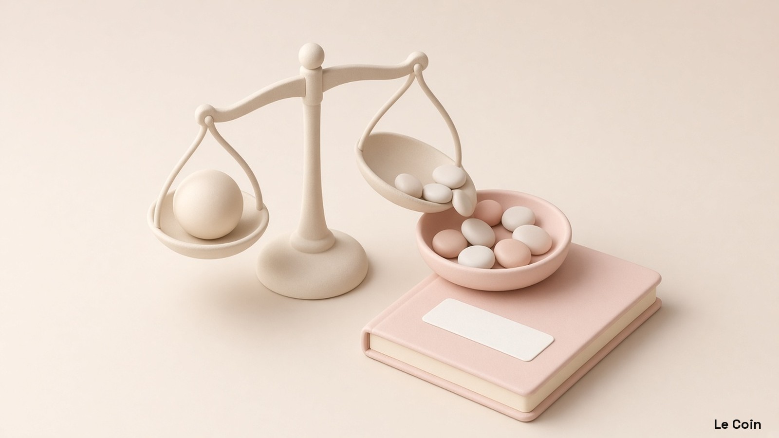 Soft clay balance scale tilting as rounded tokens slide into a dish beside a closed ledger with a blank correction ribbon, in soft blush, warm parchment and cream.