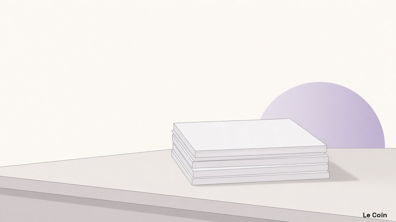 Flat illustration of a soft lilac half-sun rising behind a neat stack of blank ivory paper sheets on a stone-grey desk, against a plain ivory background.