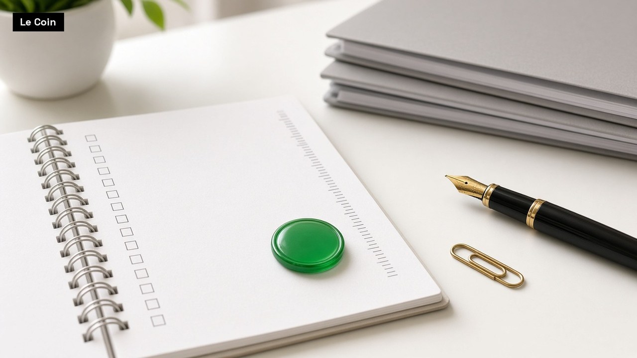 A green coin token rests on an open checklist notebook beside a fountain pen, a paper clip and a stack of grey folders.