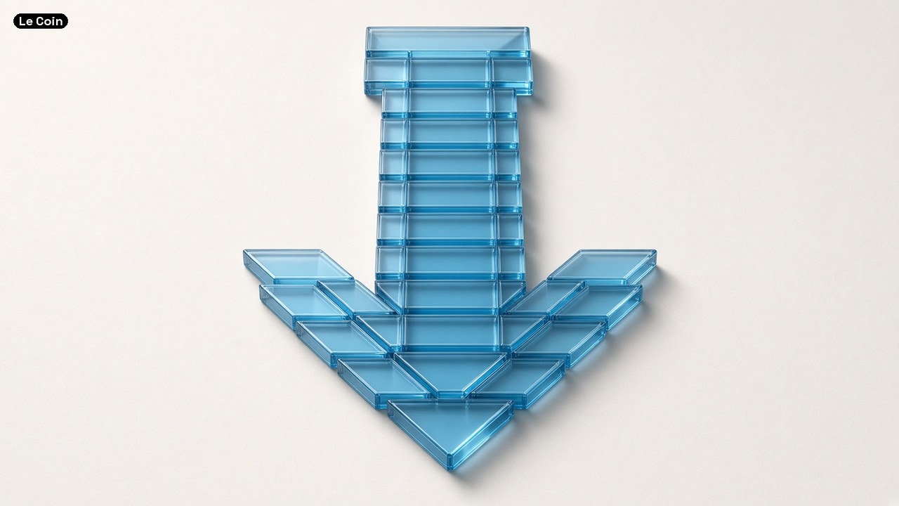 A large blue glass arrow pointing down on a pale background.
