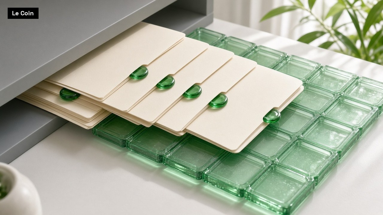 Blank cream fund folders, each holding a green glass token, slide from a grey shelf onto a grid of green glass tiles.