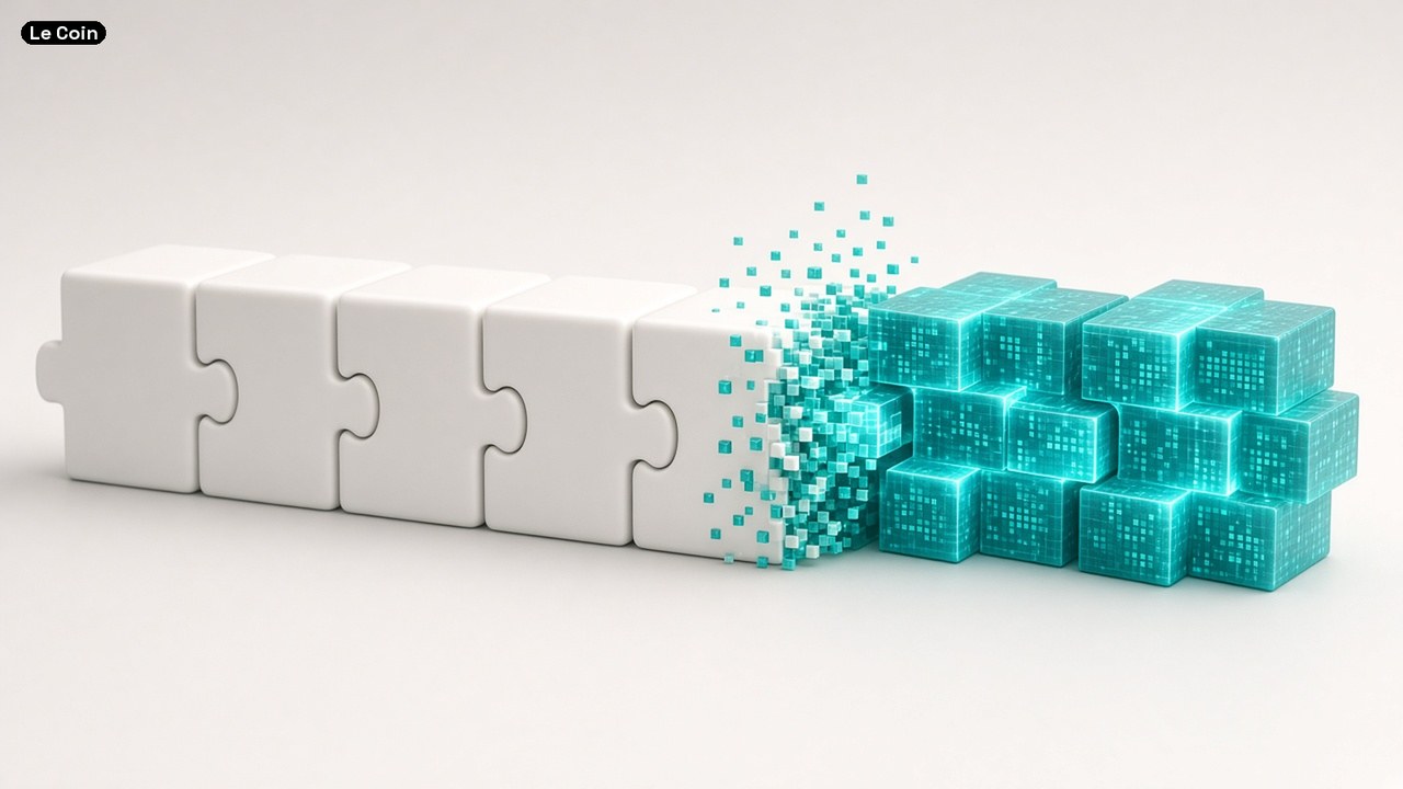 A row of white puzzle blocks turning into teal digital cubes at one end.