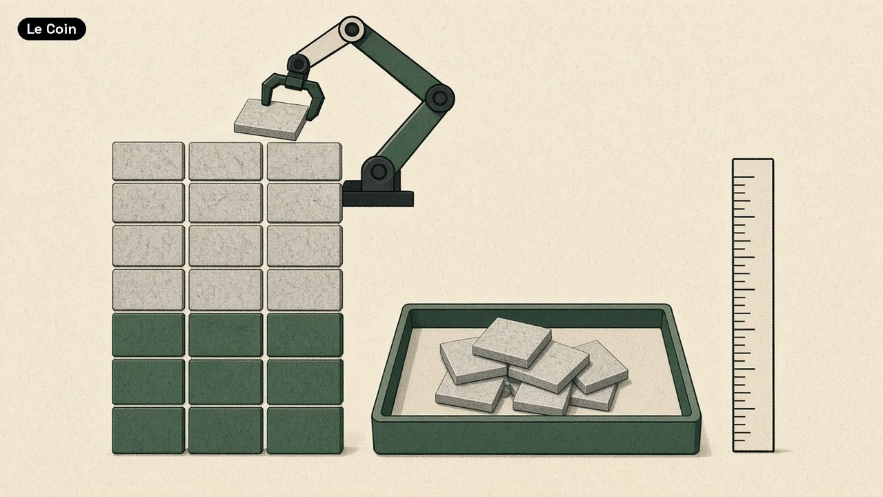 A robotic arm lifts grey tiles off the top of a stack into a tray beside it, leaving the solid green tiles below in place, next to a blank ruler.