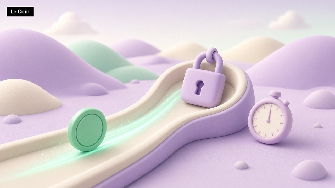 A green coin token glides on a streak of light along a pastel track toward a closed padlock, beside a stopwatch whose hand has barely moved.