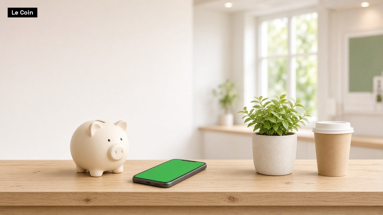 A cream piggy bank, a smartphone with a plain green screen, a small potted plant and a paper coffee cup sit on a light wooden counter in a bright room with large windows.
