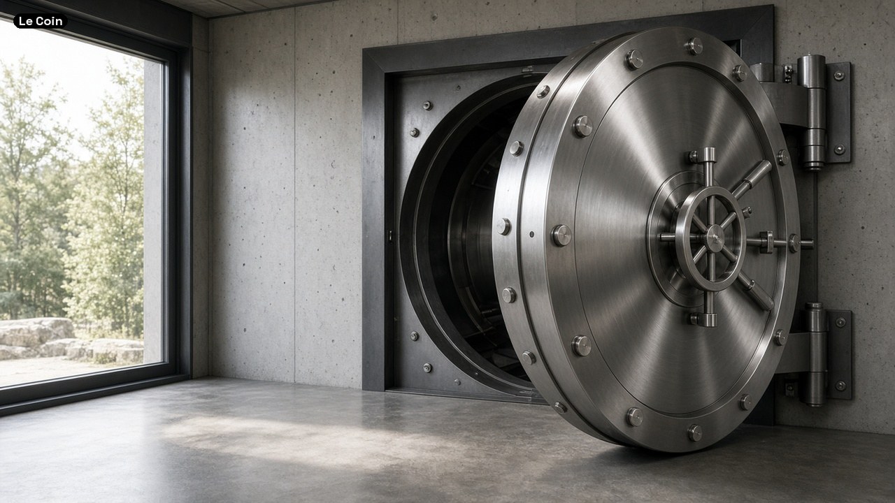 A heavy round steel vault door standing open in a bright room.