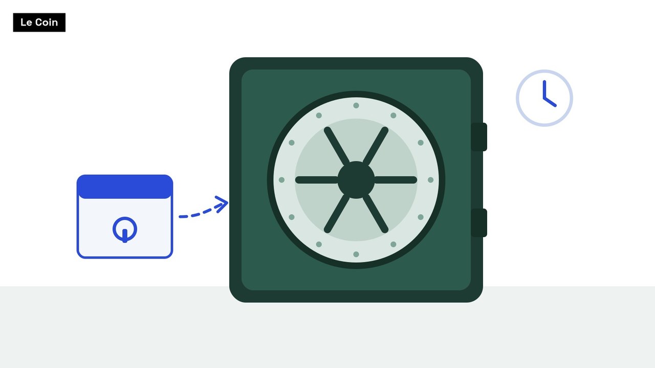 Flat illustration of a dark green bank vault with a wheel handle; a dashed arrow leads from a small padlock window to the vault, with a clock in the corner.