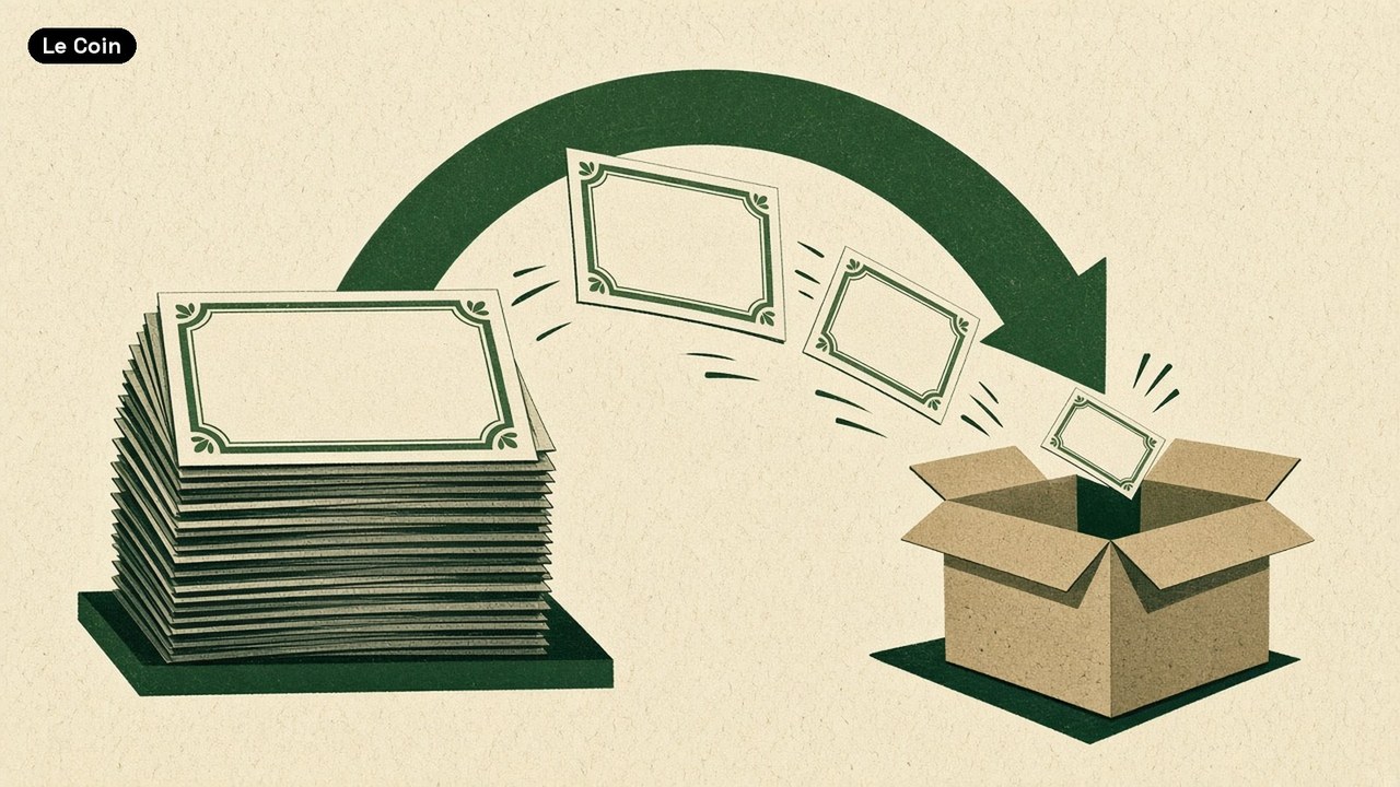 A large green arrow carries blank certificates from a tall stack back into an open cardboard box.