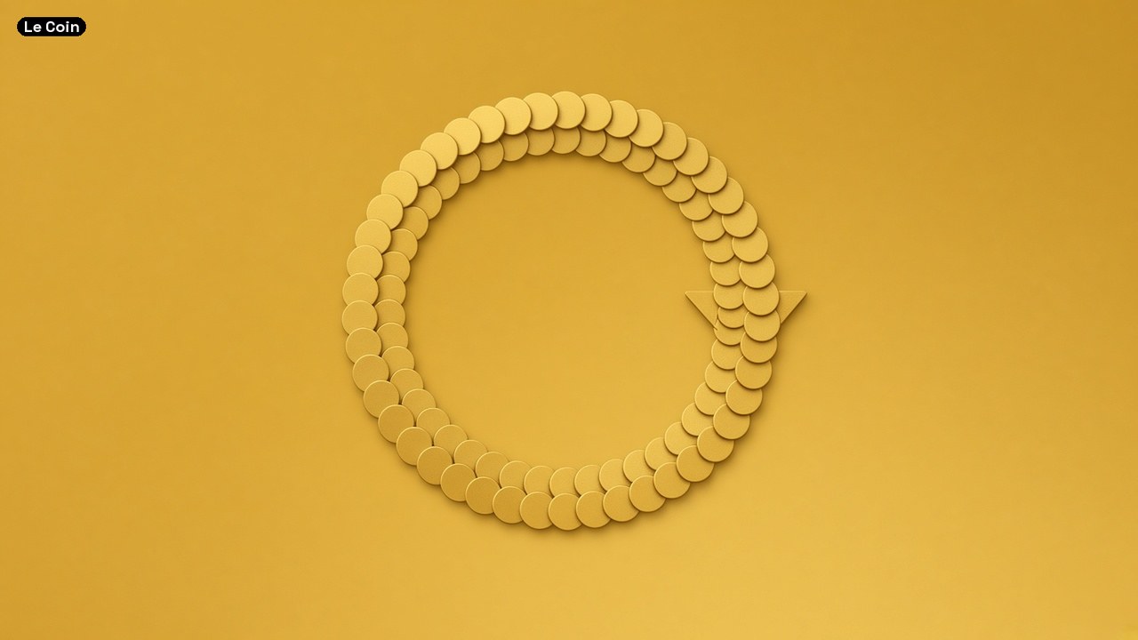 A circular arrow made of overlapping gold coin-like discs on a mustard-yellow background.