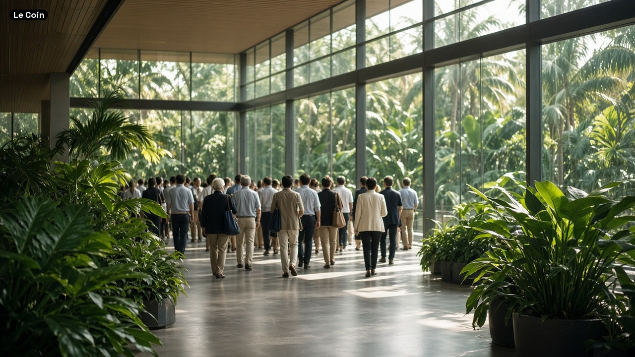 Conference attendees seen from behind walking through a bright glass atrium full of tropical plants.