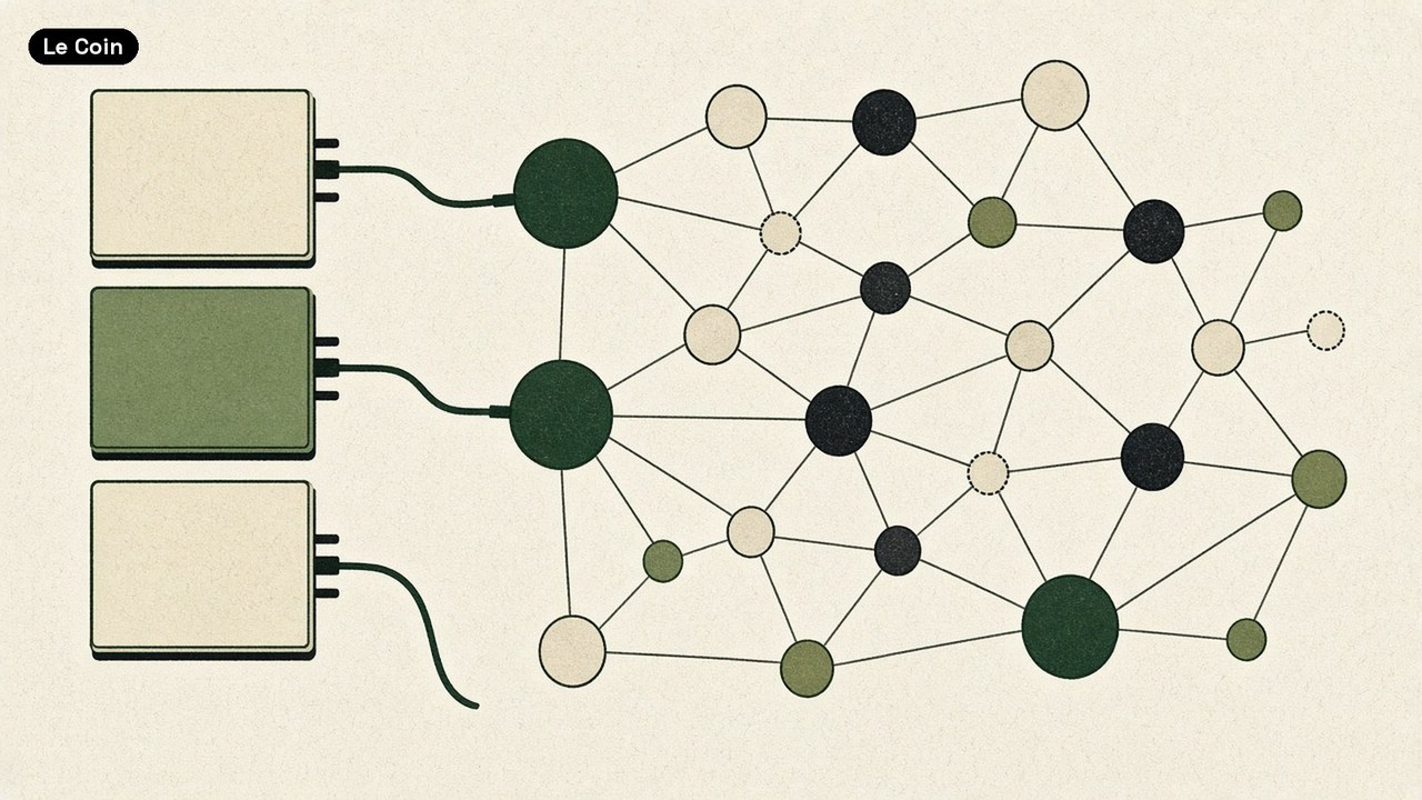 A network of round nodes linked by lines, a few filled green, with three simple boxes on the left cabled into the two largest nodes.