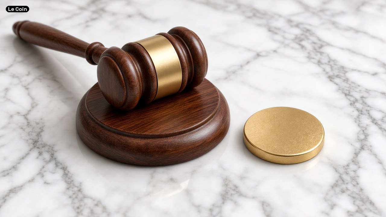 A wooden judge's gavel resting beside a gold coin on a white marble surface.