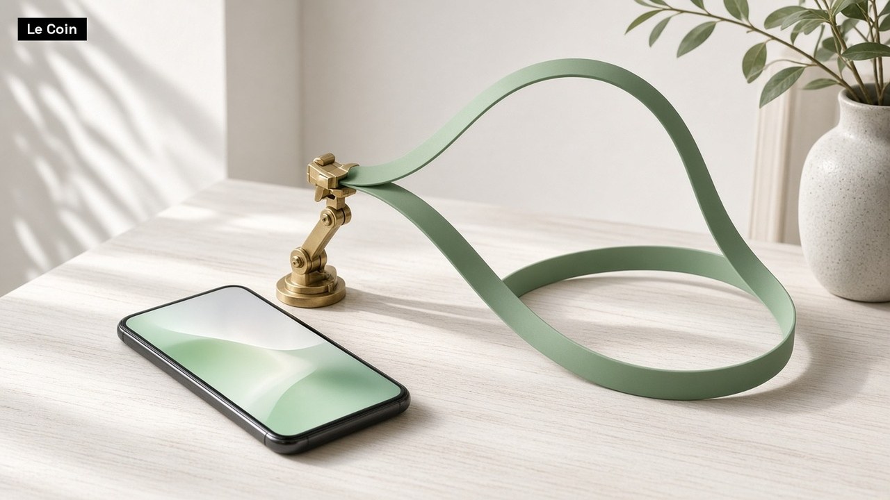 A smartphone with a blank green screen lies on a pale desk beside a small brass clamp holding an endless loop of green ribbon.
