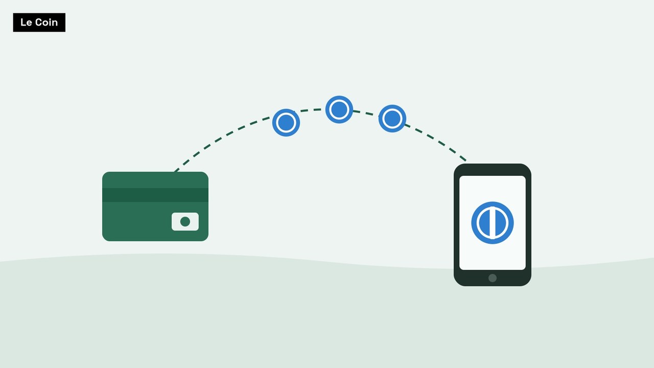 A green payment card sends three blue coin tokens along a dashed arc to a mobile phone showing a coin.