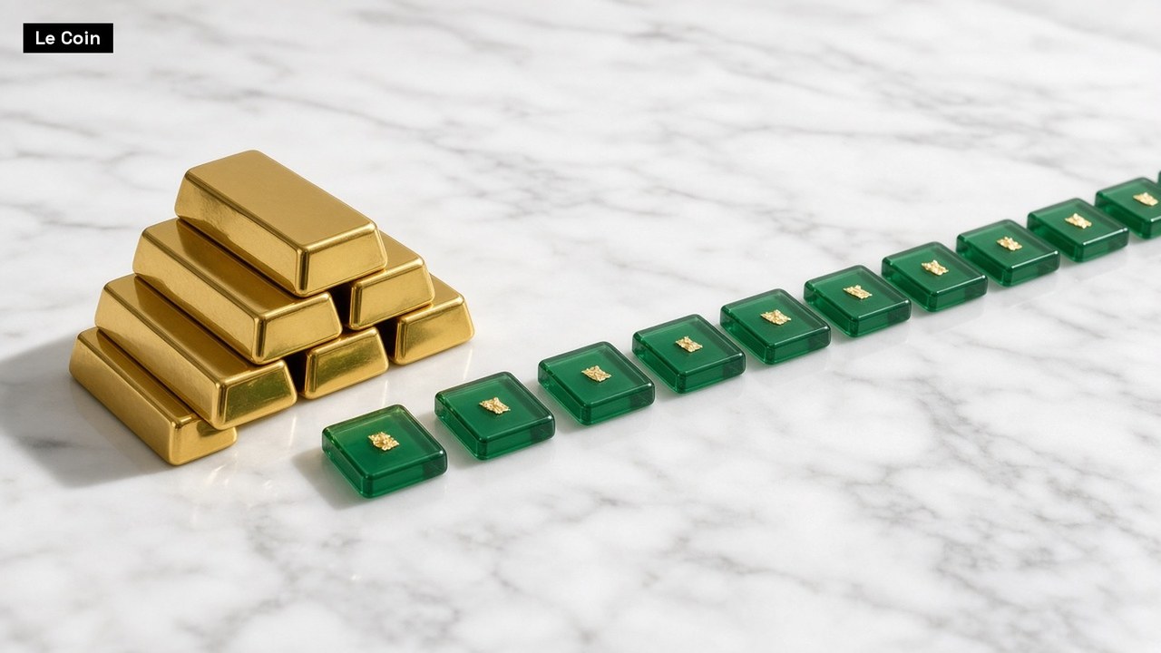 A stack of gold bars on white marble, with a line of green glass tiles, each holding a small gold flake, stretching away from it.